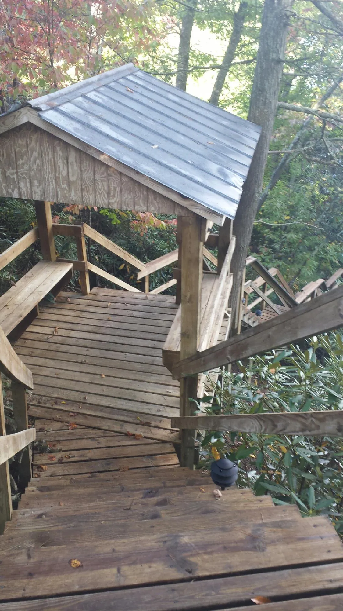 Metal roofed shelter over wooden steps on a wooded walkway — Skylight Repair & Installation work by our crew in Felton